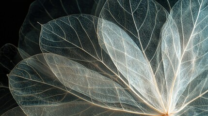   A high-resolution image capturing a macroscopic view of a large leaf with numerous thin layers on top, against a dark background
