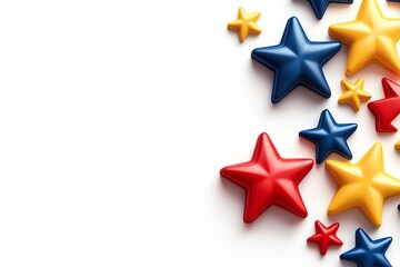 Obraz premium Colorful red, yellow, and blue stars on white background, space for text.