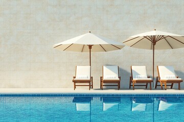 Four loungers under umbrellas by poolside. - Powered by Adobe