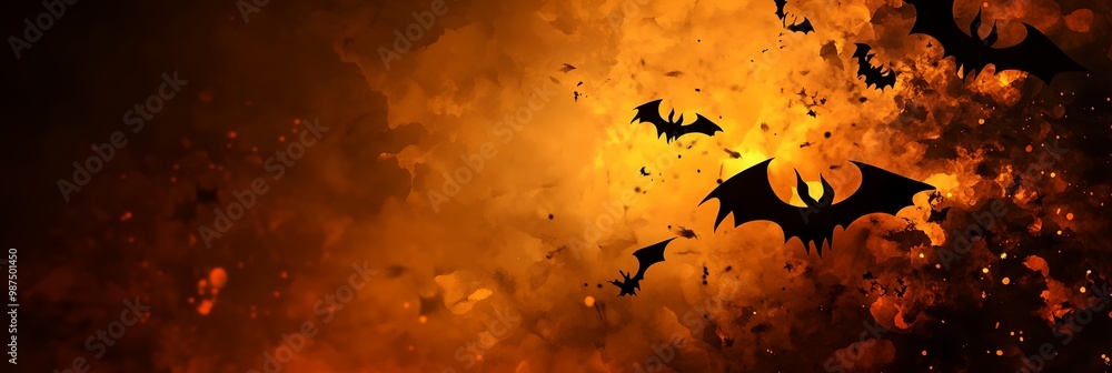 Poster a black and orange background with three bats flying in the air. the bats are in different positions