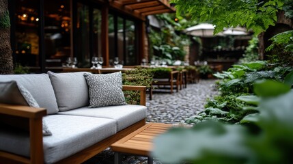 An outdoor seating area with cozy furniture adorned with soft cushions, surrounded by lush greenery and set in a cobblestone courtyard, perfect for relaxation and social gatherings.