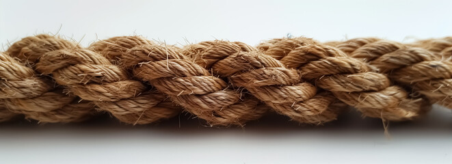 A photograph of jute ropes in various sizes and weights on a white background, for product photography and packaging.Brown jute rope in rolls and thick strands of different sizes