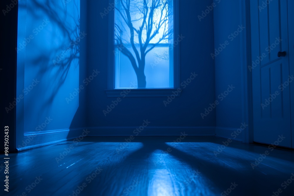 Aufkleber a blue room with a window and a tree outside. the room is dark and the tree is casting a shadow on t