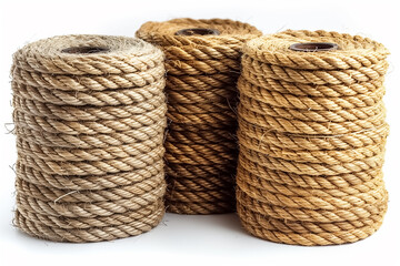 Obraz premium A photograph of jute ropes in various sizes and weights on a white background, for product photography and packaging.Brown jute rope in rolls and thick strands of different sizes
