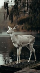 Fototapeta premium White Deer Standing on Wooden Dock in Misty Forest by Water