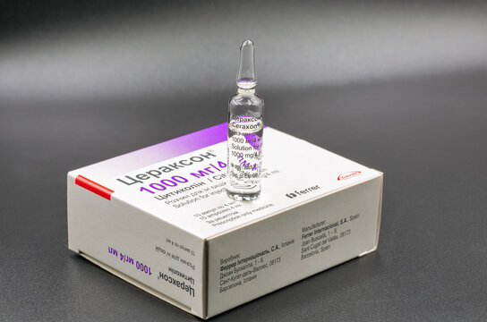 Citicoline Ceraxon solution for injections ampoules package closeup on black.