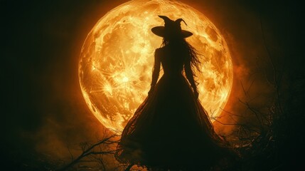 Silhouette of a Witch Under a Blood Moon