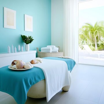 Spa suite with calming blue tones, seashell decor, and ocean-inspired touches