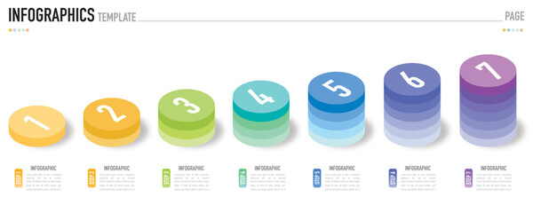 Circular isometric infographic template or element with 7 step, process, option, colorful circle, bar, column, arrow, minimal style, slide