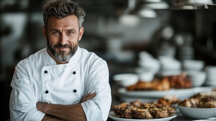 A cheerful chef in a bustling kitchen, dressed in a white uniform, standing with arms crossed amidst various delicious dishes and kitchen appliances.
