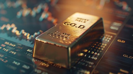 Close up of a gold bar on a financial table with dynamic stock market graphs illustrating growth