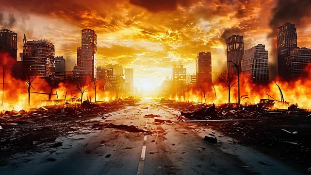 Post-apocalyptic city engulfed in flames, illustrating destruction, chaos, and devastation in an urban landscape after a catastrophic disaster.

