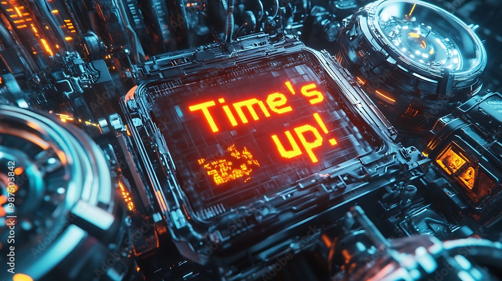 Poster time's up! futuristic 3d time machine with digital display in high-tech setting