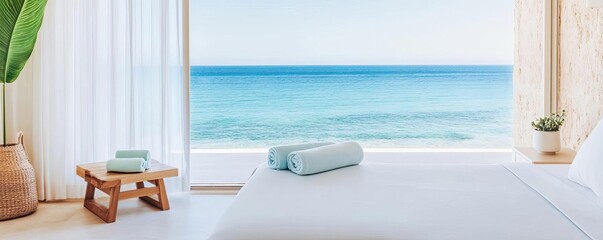 Fototapeta premium Spa suite with panoramic ocean views, soft white linens, and calming blue tones