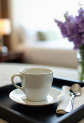 Obraz premium 花瓶の背景がぼやけている、部屋のトレイに置かれたティーカップの静物シーン