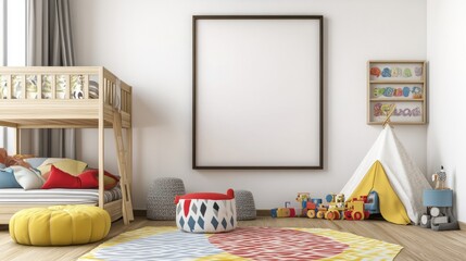 Large empty frame in a modern childrens room with a bunk bed, bright bedding, and playful wall decals creating a fun atmosphere.