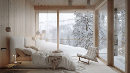 Fototapeta premium Scandinavian Bedroom with White Décor and Natural Wood Accents. Cozy Scandinavian Bedroom. Scandinavian Minimalist Bedroom