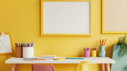 Mock-up frame above a colorful kids desk with crayons, books, and craft supplies, creating a creative corner for young children.