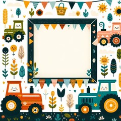 Creative frame with tractors in children style. Fun heavy machinery, agricultural vehicles