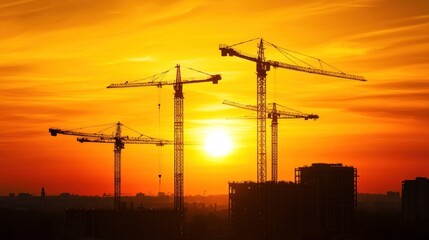 Construction Cranes Silhouette Against Sunset Sky