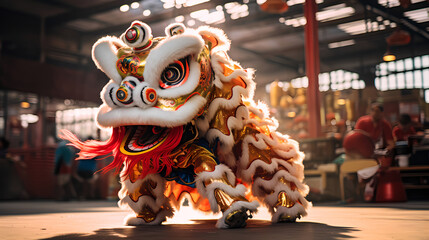 Traditional Chinese lion dance performance