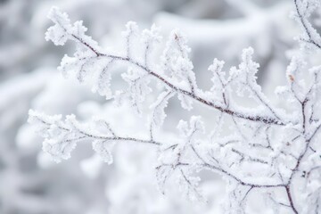 Naklejka premium Close-up of a Snow-Covered Branch with Delicate Ice Crystals