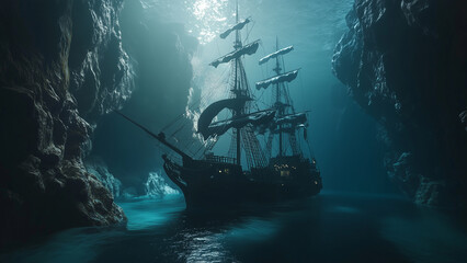 Obraz premium Lost in the Depths: An Ancient Pirate Ship Beneath the Ocean