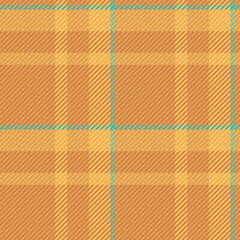 Satin textile plaid tartan, textured seamless background fabric. Fold vector check pattern texture in orange and amber colors.