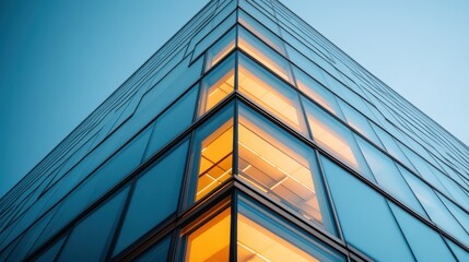A contemporary building with large glass windows glowing with warm interior lights, captured at dusk. Perfect for architecture and business concepts.