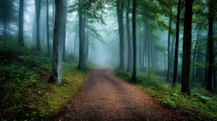 Naklejka premium Serene Forest Pathway in Early Morning Fog with Lush Greenery and Tall Trees