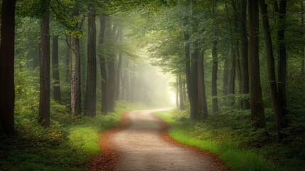 Fototapeta premium Serene Forest Pathway with Sunlight Filtering Through Trees in a Misty Morning