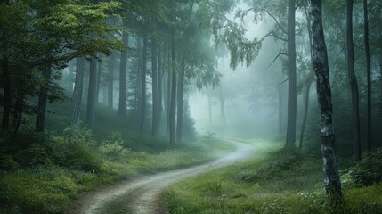 Obraz premium Serene Forest Pathway in Early Morning Mist with Lush Greenery and Tall Trees