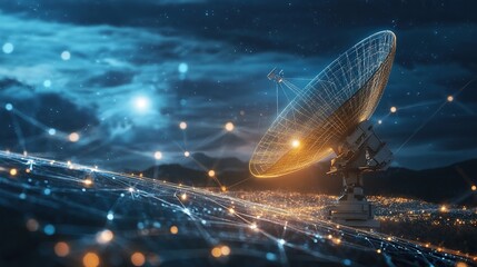 A futuristic satellite dish under a starry sky, connected by glowing lines, symbolizing communication and technology.