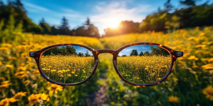 Focused perspective through a pair of eyeglasses. Clear vision through glasses