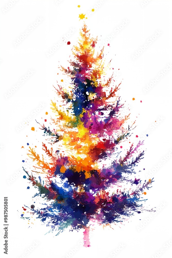 Poster a colorful christmas tree with a star on top. the tree is made up of different colors and has a uniq