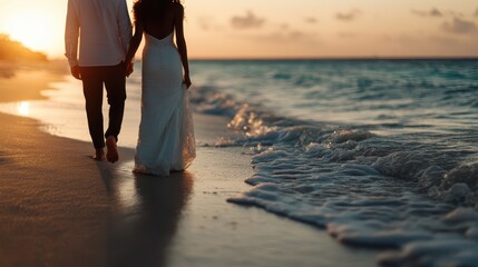 A wedding couple, elegantly dressed, holds hands and walks along the shore at sunset, capturing a beautiful and intimate moment against the scenic ocean backdrop.