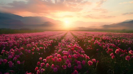 Fototapeta premium Sunset over a Field of Pink Flowers with Mountain Range