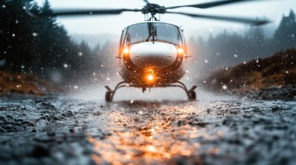 A helicopter landing in the rain on a muddy ground at dusk, with lights on, captured in a dramatic and intense scene that shows resilience and determination in adverse conditions.