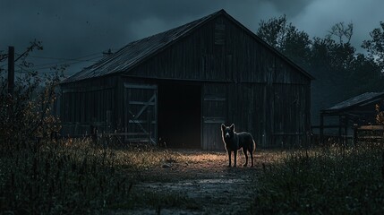   Horse in front of barn, moon lit up sky