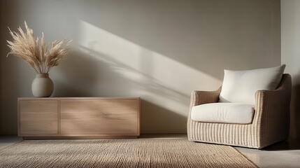 Bright beige room featuring a minimalist setup with a wicker armchair, placed beside a wooden cabinet adorned with a pampas grass vase under soft sunlight.