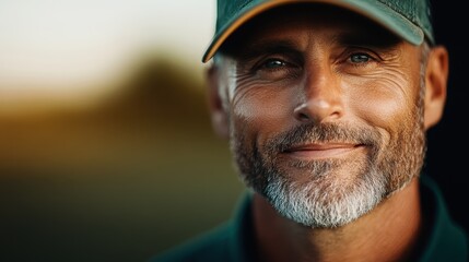 A close-up portrait of a man with a gray beard, wearing a green cap, looking gently at the camera with a background of indistinct nature, reflecting ease and harmony.