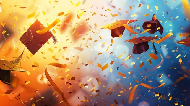 Celebratory scene of graduation caps and colorful confetti soaring in the air at an award ceremony
