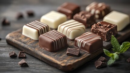 An array of gourmet chocolates, including dark, milk, and white varieties, neatly arranged on a wooden board, showcasing the craftsmanship and inviting viewers to indulge in a visual feast.