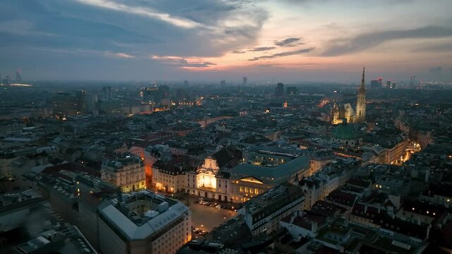 Aerial view of famous places St. Stephen's Cathedral Stephansdom at night. Mother church of the Roman Catholic Archdiocese of Vienna. Austria