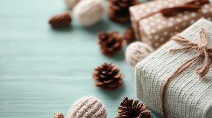 A collection of beautifully wrapped gifts with knit embellishments, surrounded by pine cones and rustic decorations, evoking a cozy and festive holiday atmosphere.