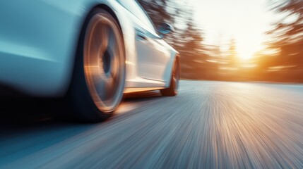 A high-speed image of a white car driving down a sunlit road through a forest, capturing the motion blur and the mesmerizing play of light and speed.