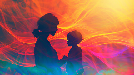 Silhouette of Mother and Child with Colorful Abstract Background
