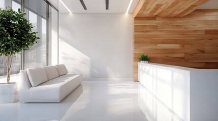 Fototapeta premium A minimalist reception area with white walls and furniture, wooden accented reception desk, potted plants, and ample natural light from tall windows, creating a serene atmosphere.