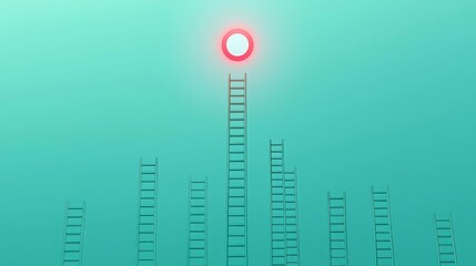 Business Success Achieve Goal  Ladders of various lengths against a light teal background