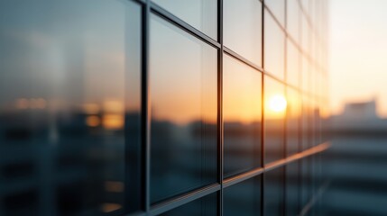 A modern glass building reflecting a beautiful orange sunset, creating a mesmerizing urban...